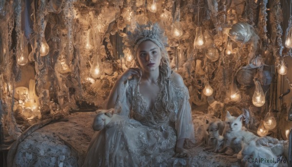 1girl,solo,long hair,breasts,looking at viewer,blue eyes,blonde hair,dress,cleavage,jewelry,medium breasts,sitting,braid,earrings,indoors,white dress,lips,arm support,animal,cat,tiara,crown,realistic,fantasy,candle,statue,chandelier,chair,head rest,throne,elbow rest