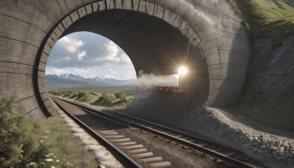 outdoors,sky,day,cloud,tree,blue sky,no humans,sunlight,cloudy sky,grass,nature,scenery,forest,light rays,stairs,mountain,sun,road,bush,bridge,landscape,railroad tracks,ground vehicle,train,train station