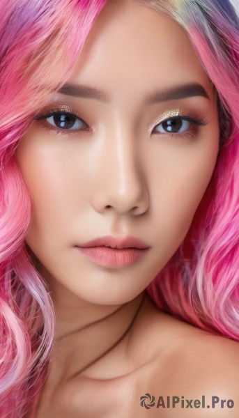 1girl,solo,long hair,looking at viewer,blue eyes,bare shoulders,brown eyes,closed mouth,collarbone,pink hair,multicolored hair,black eyes,two-tone hair,lips,eyelashes,makeup,portrait,close-up,eyeshadow,realistic,nose,grey eyes,expressionless