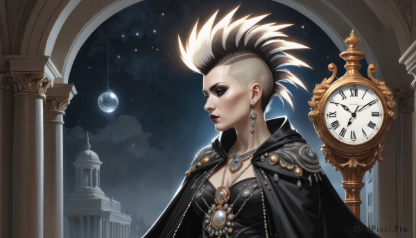 1girl,solo,breasts,short hair,blonde hair,black hair,cleavage,jewelry,medium breasts,closed eyes,upper body,multicolored hair,earrings,sky,necklace,cape,two-tone hair,lips,profile,makeup,night,moon,lipstick,spiked hair,gem,star (sky),night sky,cloak,eyeshadow,starry sky,nose,clock,leather,pillar,tower,roman numeral,dress,white hair,scar,undercut,planet,mohawk,eyebrow piercing