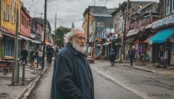 1boy,closed mouth,standing,jacket,white hair,male focus,outdoors,multiple boys,sky,solo focus,day,cloud,tree,coat,facial hair,scar,cloudy sky,ground vehicle,building,motor vehicle,beard,scar on face,6+boys,city,realistic,hands in pockets,mustache,car,road,old,power lines,old man,street,crowd,grey sky,people,wrinkled skin,smile,short hair,shirt,upper body,blurry,from side,depth of field,blurry background,scenery,walking,hand in pocket,sign,lamppost,blue coat,utility pole,crosswalk,denim jacket,vanishing point,sidewalk