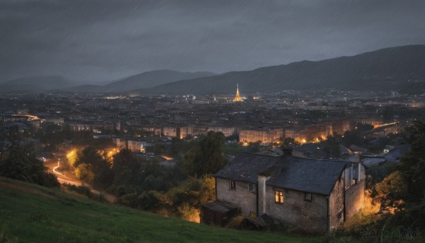 outdoors,sky,cloud,tree,no humans,window,night,cloudy sky,grass,fire,building,nature,scenery,forest,smoke,rain,mountain,city,road,cityscape,house,river,landscape,town,mountainous horizon,city lights,hill