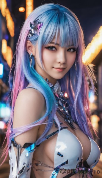 1girl,solo,long hair,breasts,looking at viewer,smile,bangs,blue eyes,hair ornament,gloves,cleavage,bare shoulders,jewelry,medium breasts,closed mouth,blue hair,swimsuit,upper body,pink hair,bikini,multicolored hair,earrings,elbow gloves,blunt bangs,blurry,two-tone hair,lips,grey eyes,gradient hair,blurry background,realistic,nose,sideboob,revealing clothes,science fiction,cyberpunk