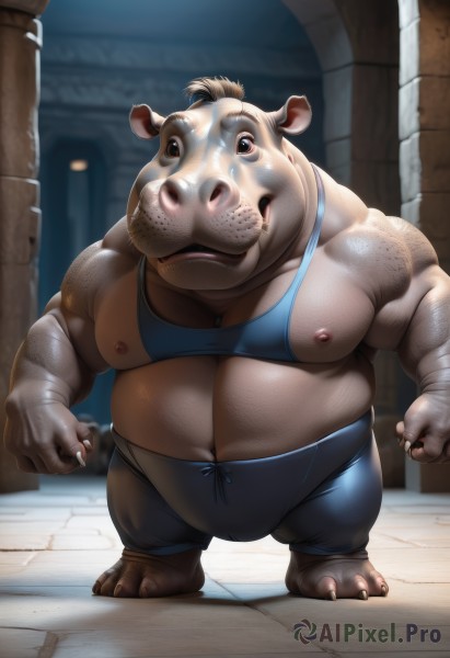 solo,looking at viewer,open mouth,1boy,navel,animal ears,nipples,standing,full body,male focus,barefoot,teeth,black eyes,no humans,furry,clenched hands,freckles,plump,realistic,furry male,belly,fat,fat man,pig,stone floor,pig ears,brown hair,brown eyes,artist name,muscular,colored skin,abs,ring,tank top,pectorals,topless male