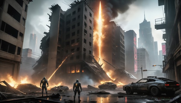 HQ,standing,weapon,outdoors,multiple boys,sky,cloud,2boys,armor,gun,military,helmet,fire,ground vehicle,building,scenery,motor vehicle,smoke,science fiction,city,car,road,explosion,ruins,lamppost,street,firing,skyscraper,debris,burning,destruction,truck,cloudy sky,reflection,realistic,soldier