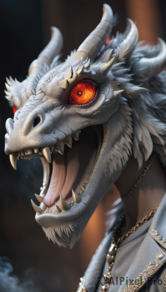 solo,open mouth,red eyes,1boy,jewelry,male focus,horns,teeth,tongue,tongue out,necklace,blurry,from side,no humans,blurry background,chain,fangs,sharp teeth,portrait,colored sclera,monster,scales,red sclera,looking at viewer,dragon,tusks