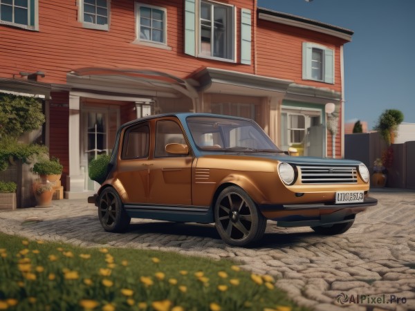 flower,outdoors,sky,day,artist name,tree,blue sky,no humans,window,grass,plant,ground vehicle,building,scenery,motor vehicle,yellow flower,door,car,potted plant,road,bush,house,vehicle focus,flower pot,blurry,shadow,wheel,tire