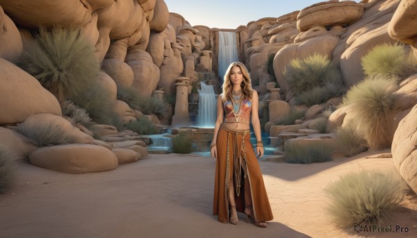 1girl,solo,long hair,breasts,looking at viewer,skirt,brown hair,navel,bare shoulders,jewelry,medium breasts,standing,braid,earrings,outdoors,barefoot,midriff,dark skin,water,necklace,bracelet,dark-skinned female,sandals,scenery,long skirt,rock,arms at sides,tribal,blue eyes,blonde hair,brown eyes,full body,day,lips,tattoo,pendant,waterfall