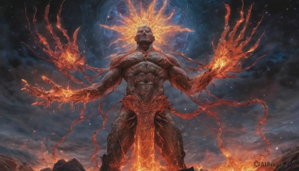 The allure of a male in a dynamic fiery outdoors