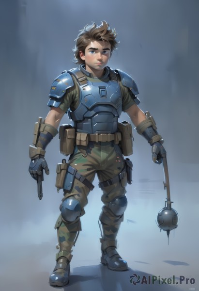 solo,looking at viewer,short hair,blue eyes,brown hair,gloves,1boy,holding,standing,full body,weapon,male focus,boots,belt,pants,artist name,holding weapon,armor,gun,military,scar,thick eyebrows,shoulder armor,gauntlets,holding gun,handgun,pauldrons,pouch,breastplate,holster,knee pads,shoulder pads,camouflage,explosive,elbow pads,grenade,bulletproof vest,body armor,1girl,lips