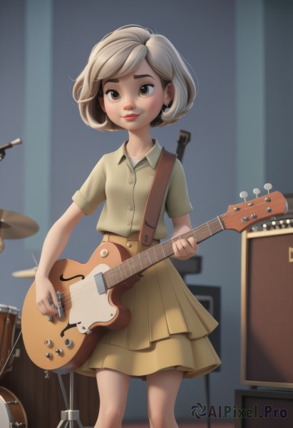 1girl,solo,looking at viewer,smile,short hair,skirt,brown hair,shirt,holding,brown eyes,jewelry,closed mouth,standing,short sleeves,earrings,collared shirt,indoors,blurry,lips,buttons,blurry background,feet out of frame,instrument,child,nose,music,guitar,female child,yellow skirt,playing instrument,holding instrument,electric guitar,drum,bass guitar,drum set,blush,blonde hair,artist name,watermark,thick eyebrows,aged down,freckles