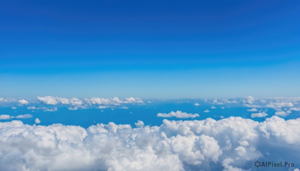 monochrome,outdoors,sky,day,cloud,blue sky,no humans,ocean,cloudy sky,scenery,blue theme,horizon,landscape,above clouds