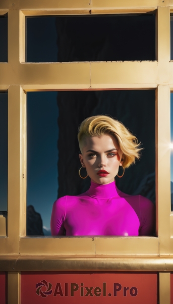 1girl,solo,looking at viewer,short hair,blonde hair,brown eyes,jewelry,upper body,earrings,sweater,lips,window,makeup,turtleneck,lipstick,hoop earrings,red lips,from outside,looking outside,brown hair,sky,bodysuit,reflection,realistic