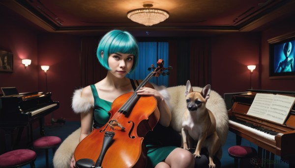 1girl,solo,short hair,bangs,dress,bare shoulders,brown eyes,sitting,blue hair,indoors,blunt bangs,lips,fur trim,aqua hair,animal,crossed legs,curtains,instrument,dog,realistic,nose,music,lamp,stool,playing instrument,violin,feather boa,piano,sheet music,makeup,bob cut,lipstick,green dress,fur