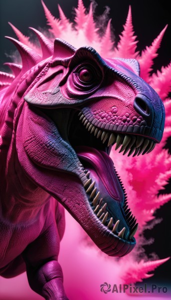 solo,open mouth,teeth,tongue,tongue out,no humans,sharp teeth,black background,monster,dinosaur,horns,pink eyes,pokemon (creature),fish,realistic,scales,pink theme