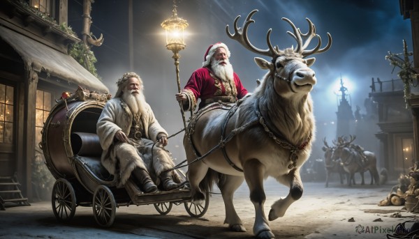 HQ,gloves,long sleeves,1boy,hat,holding,sitting,weapon,male focus,boots,outdoors,multiple boys,sky,pants,coat,fur trim,night,facial hair,chain,animal,staff,ground vehicle,building,star (sky),night sky,christmas,beard,santa hat,santa costume,robe,lantern,fantasy,mustache,candle,riding,sack,antlers,old,lamppost,horse,horseback riding,arch,reindeer,reins,saddle,2boys,snow,snowing,lamp,old man