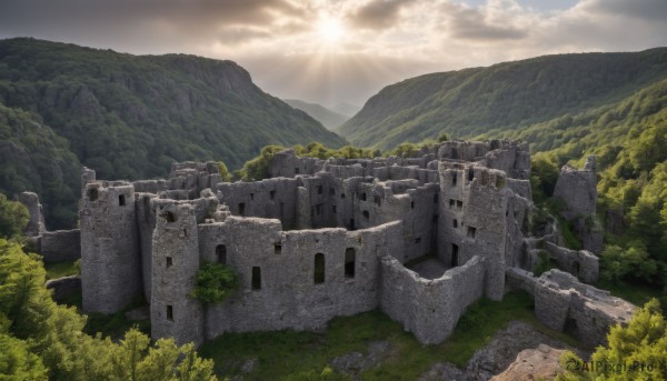 outdoors,sky,day,cloud,tree,no humans,sunlight,cloudy sky,grass,nature,scenery,forest,light rays,rock,mountain,sun,sunbeam,ruins,landscape,cliff,tombstone