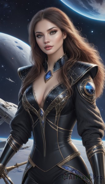 1girl,solo,long hair,breasts,looking at viewer,brown hair,gloves,cleavage,brown eyes,jewelry,medium breasts,closed mouth,weapon,cowboy shot,pants,sword,artist name,armor,lips,makeup,wavy hair,black pants,shoulder armor,gauntlets,gem,star (sky),realistic,nose,space,planet,earth (planet),large breasts,holding,signature,bodysuit,moon,forehead,starry sky,black bodysuit,spacecraft