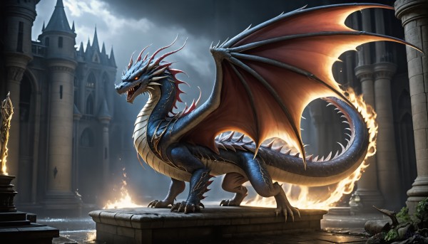 HQ,solo,open mouth,tail,yellow eyes,outdoors,wings,horns,sky,teeth,cloud,water,orange eyes,no humans,fangs,cloudy sky,fire,sharp teeth,scenery,claws,monster,fantasy,dragon,scales,ruins,pillar,castle,lightning,tower,dragon wings,breathing fire,glowing,spikes,stairs