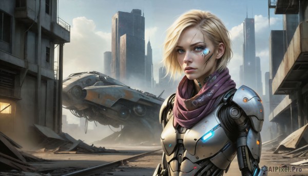 HQ,1girl,solo,breasts,looking at viewer,short hair,blue eyes,blonde hair,upper body,outdoors,parted lips,sky,day,cloud,signature,scarf,armor,lips,bodysuit,scar,facial mark,cloudy sky,robot,building,scar on face,science fiction,city,realistic,nose,mechanical arms,ruins,cyborg,dirty,pink scarf,mechanical parts,purple scarf,dust,small breasts,blue sky,glowing,cyberpunk,dirty face