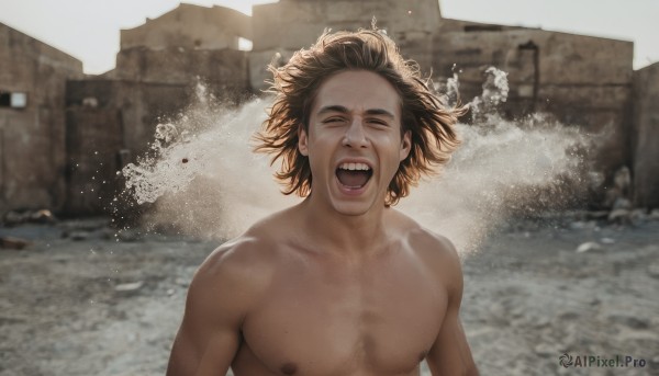 solo,smile,open mouth,brown hair,black hair,1boy,nipples,collarbone,closed eyes,upper body,male focus,nude,outdoors,teeth,tongue,water,blurry,blurry background,facing viewer,topless male,realistic,splashing,photo background,short hair,day,mole,facial hair,pectorals,building,stubble,chest hair