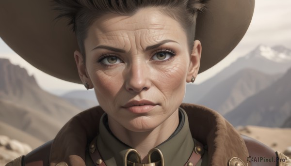 1girl,solo,looking at viewer,short hair,brown hair,shirt,black hair,1boy,hat,brown eyes,jewelry,closed mouth,male focus,earrings,outdoors,day,blurry,lips,blurry background,scar,portrait,freckles,mountain,realistic,nose,stud earrings,close-up,brown headwear,dirty