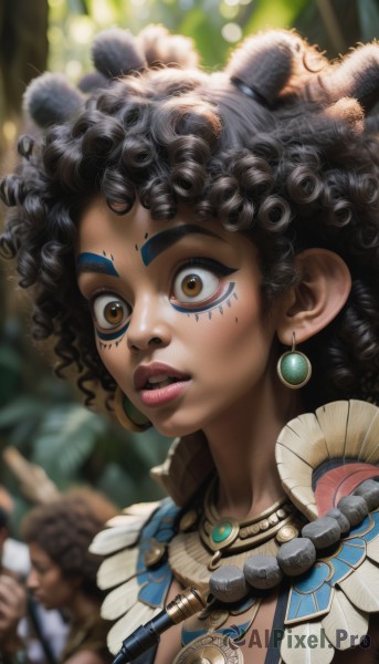 1girl,solo,long hair,looking at viewer,black hair,animal ears,brown eyes,jewelry,upper body,earrings,parted lips,teeth,dark skin,necklace,blurry,dark-skinned female,lips,eyelashes,depth of field,blurry background,facial mark,thick eyebrows,feathers,portrait,curly hair,nose,facepaint,tribal,short hair,solo focus,artist name,makeup,bodypaint