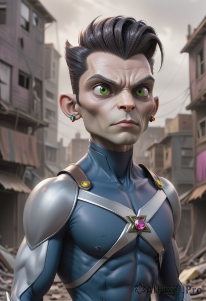 solo,looking at viewer,short hair,black hair,1boy,jewelry,closed mouth,green eyes,upper body,male focus,earrings,outdoors,sky,day,artist name,cloud,armor,blurry,lips,bodysuit,muscular,abs,pectorals,building,gem,skin tight,realistic,hair slicked back,superhero,covered abs,pointy ears,covered nipples,scar,serious