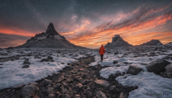 solo, standing, jacket, outdoors, sky, pants, cloud, from behind, coat, night, black pants, star (sky), night sky, scenery, snow, starry sky, sunset, mountain, horizon, facing away, wide shot