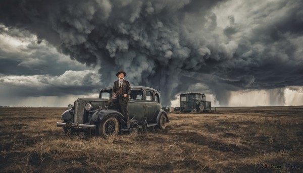 solo,short hair,brown hair,1boy,sitting,jacket,male focus,outdoors,necktie,sky,cloud,gun,military,formal,cloudy sky,suit,ground vehicle,scenery,motor vehicle,smoke,car,vehicle focus,black hair,hat,pants,black jacket,grass,realistic,field,truck