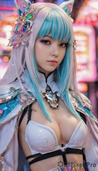 1girl,solo,long hair,breasts,looking at viewer,bangs,hair ornament,animal ears,cleavage,brown eyes,jewelry,medium breasts,closed mouth,underwear,blue hair,upper body,white hair,multicolored hair,blunt bangs,bra,armor,blurry,two-tone hair,lips,aqua hair,blurry background,fake animal ears,gem,white bra,realistic,swimsuit,bikini,artist name,cape,black eyes,grey eyes,depth of field,white bikini,shoulder armor,nose