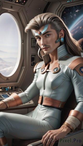 1girl,solo,long hair,breasts,looking at viewer,brown hair,gloves,brown eyes,jewelry,sitting,earrings,small breasts,signature,lips,bodysuit,facial hair,headset,science fiction,circlet,realistic,nose,mustache,pilot suit,space,planet,earth (planet),spacecraft,spacesuit,cockpit,pilot,blue eyes,black hair,artist name,dark skin,dark-skinned female,window