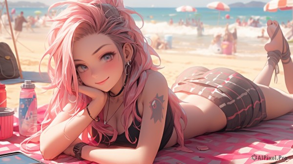 1girl,solo,long hair,breasts,looking at viewer,blush,smile,blue eyes,skirt,hair ornament,cleavage,bare shoulders,jewelry,medium breasts,closed mouth,swimsuit,pink hair,ass,bikini,earrings,outdoors,lying,shorts,barefoot,solo focus,choker,day,midriff,water,necklace,bag,nail polish,blurry,bracelet,feet,lips,crop top,grey eyes,short shorts,tattoo,makeup,toes,depth of field,blurry background,ocean,umbrella,black choker,beach,soles,phone,black shorts,leg up,sandals,ring,cellphone,bottle,on stomach,towel,wristband,smartphone,legs up,toenails,watch,head rest,hoop earrings,pink lips,sand,anklet,wristwatch,arm tattoo,shoulder tattoo,water bottle,beach umbrella,feet up,the pose,mascara,beach towel,large breasts,collarbone,multicolored hair,sky,cloud,blue sky,legs,black bikini,piercing,tank top,ear piercing,horizon,crowd,ankle ribbon,crossed ankles,ankle lace-up,people,eyebrow piercing