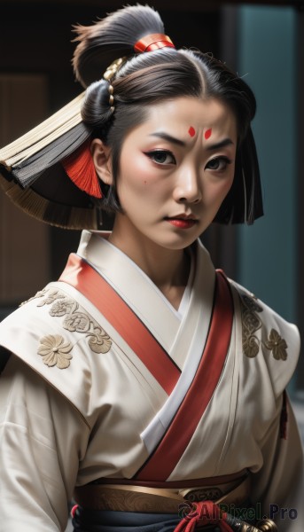 1girl,solo,looking at viewer,short hair,black hair,hair ornament,hat,closed mouth,upper body,weapon,japanese clothes,sword,kimono,blurry,black eyes,lips,sash,blood,makeup,blurry background,facial mark,obi,floral print,katana,lipstick,forehead mark,realistic,nose,red lips,topknot,hair bun,hand fan,facepaint