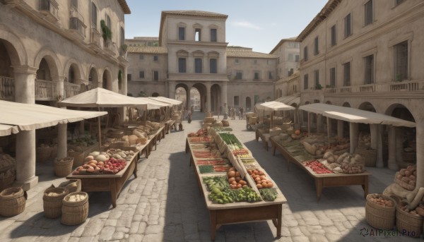 outdoors,food,sky,day,tree,no humans,window,fruit,shadow,chair,table,building,scenery,stairs,city,fantasy,apple,basket,road,house,bread,street,meat,vegetable,town,pavement,baguette,sausage,blue sky,umbrella,plant,carrot,parasol,pillar,arch,barrel,column,crate,cart