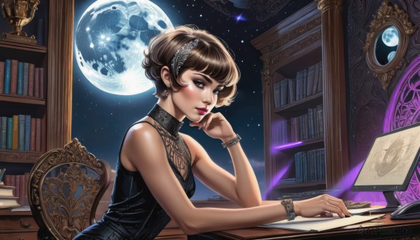 1girl,solo,breasts,blush,short hair,bangs,brown hair,dress,bare shoulders,brown eyes,jewelry,sitting,upper body,hairband,earrings,sky,sleeveless,indoors,black dress,bracelet,lips,book,window,makeup,night,sleeveless dress,watermark,chair,looking away,moon,lipstick,star (sky),night sky,web address,hand on own face,desk,eyeshadow,starry sky,watch,head rest,nose,clock,bookshelf,pen,space,magic circle,planet,library,mascara,globe,looking at viewer,nail polish,eyelashes,table,instrument,full moon,open book,wristwatch,computer