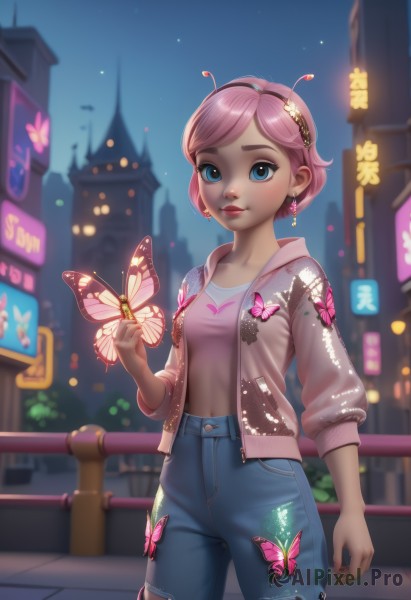 1girl,solo,breasts,looking at viewer,short hair,bangs,blue eyes,shirt,navel,jewelry,closed mouth,standing,collarbone,jacket,pink hair,cowboy shot,hairband,earrings,small breasts,outdoors,open clothes,sky,shorts,midriff,pants,artist name,blurry,open jacket,lips,crop top,torn clothes,eyelashes,makeup,night,depth of field,blurry background,swept bangs,bug,denim,animal print,building,butterfly,night sky,arm at side,blue shorts,denim shorts,pink shirt,jeans,pink lips,city,nose,antennae,railing,pink jacket,neon lights,butterfly on hand,smile,long sleeves,medium breasts,white shirt,heart,hand up,signature,buttons,shadow,watermark,web address,light particles,pocket,brown jacket,realistic,unzipped,shirt tucked in,road,cityscape,open cardigan,skyscraper,sleeves past elbows,flower earrings,deviantart username,glowing butterfly