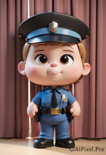 1girl,solo,looking at viewer,blush,smile,short hair,blonde hair,brown hair,shirt,hat,brown eyes,closed mouth,standing,full body,weapon,short sleeves,necktie,shoes,collared shirt,belt,pants,indoors,chibi,black footwear,uniform,gun,black headwear,blue shirt,curtains,child,black necktie,handgun,blue headwear,freckles,black belt,blue necktie,blue pants,female child,holster,badge,police,police uniform,policewoman,police hat