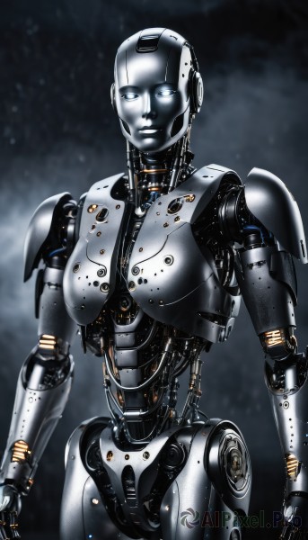 1girl,solo,breasts,looking at viewer,blue eyes,standing,cowboy shot,glowing,helmet,robot,mecha,glowing eyes,science fiction,realistic,android,joints,cable,white eyes,cyborg,damaged,robot joints,power armor,mechanical parts,humanoid robot,no humans,bald,cyberpunk