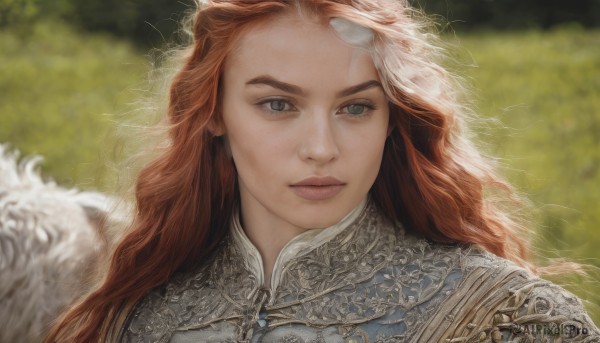 1girl,solo,long hair,looking at viewer,blue eyes,brown hair,closed mouth,green eyes,upper body,red hair,multicolored hair,outdoors,wings,armor,blurry,two-tone hair,lips,grey eyes,depth of field,blurry background,wavy hair,portrait,feathered wings,curly hair,angel wings,realistic,nose,white wings,day,orange hair,freckles