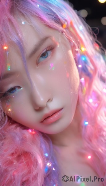 1girl,solo,long hair,breasts,looking at viewer,bangs,blue eyes,cleavage,closed mouth,pink hair,multicolored hair,parted lips,artist name,tears,blurry,lips,head tilt,eyelashes,makeup,portrait,light particles,close-up,realistic,nose,depth of field,lens flare,bokeh