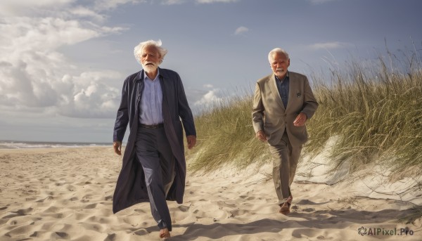 shirt,long sleeves,jacket,white hair,grey hair,male focus,outdoors,multiple boys,sky,barefoot,day,striped,pants,cloud,2boys,blue sky,coat,facial hair,parody,formal,suit,grass,beard,walking,realistic,mustache,bald,old,old man,blonde hair,full body,white shirt,necktie,collared shirt,belt,shadow,black pants,cloudy sky,wind,scenery,clenched hands,brown jacket,field,brown coat,black suit