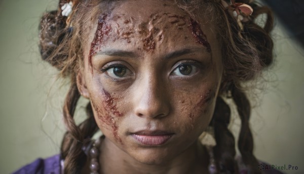 1girl,solo,long hair,looking at viewer,brown hair,brown eyes,jewelry,braid,parted lips,teeth,necklace,hair bun,blurry,twin braids,lips,double bun,blood,scar,portrait,realistic,pearl necklace,smile,hair ornament,dark skin,dark-skinned female,close-up,freckles,blood on face,dirty,dirty face