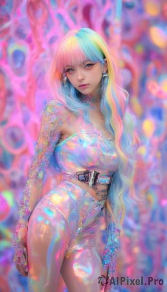 1girl,solo,long hair,breasts,looking at viewer,bangs,gloves,bare shoulders,jewelry,medium breasts,closed mouth,blue hair,standing,pink hair,multicolored hair,cowboy shot,earrings,midriff,belt,pants,blunt bangs,fingerless gloves,nail polish,blurry,two-tone hair,lips,fingernails,see-through,looking to the side,eyelashes,strapless,aqua hair,bodysuit,makeup,depth of field,blurry background,piercing,ear piercing,eyeshadow,contrapposto,pink lips,realistic,arms at sides,asymmetrical clothes,colorful,blue eyes,white hair,ring,lipstick,chromatic aberration,tube top,mascara