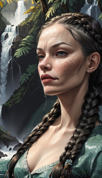 1girl,solo,long hair,breasts,blue eyes,brown hair,black hair,hair ornament,dress,cleavage,jewelry,medium breasts,closed mouth,collarbone,upper body,braid,earrings,artist name,signature,water,twin braids,tree,lips,wet,eyelashes,leaf,watermark,scar,looking away,looking up,plant,portrait,hair over shoulder,freckles,realistic,nose,green shirt,red lips,stud earrings,waterfall,flower,parted lips,facial mark,sunlight,green dress,dappled sunlight