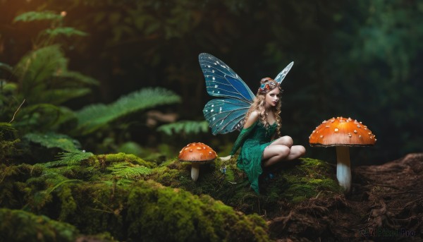 1girl,solo,long hair,breasts,open mouth,blonde hair,hair ornament,dress,bare shoulders,jewelry,sitting,braid,flower,outdoors,wings,pointy ears,hair flower,blurry,twin braids,bracelet,tree,strapless,depth of field,squatting,nature,scenery,strapless dress,forest,green dress,minigirl,fairy wings,fairy,mushroom,butterfly wings,brown hair,gloves,elbow gloves,lips,makeup,lipstick,realistic,moss