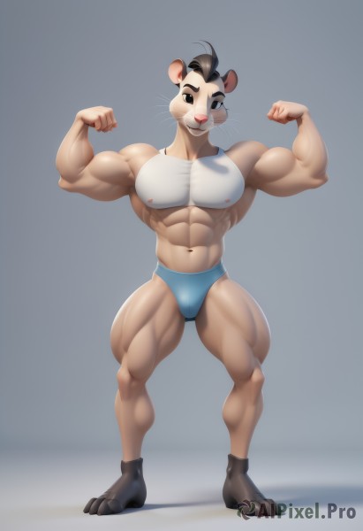 solo,looking at viewer,smile,short hair,simple background,black hair,1boy,navel,animal ears,closed mouth,underwear,nipples,standing,tail,full body,male focus,thighs,artist name,grey background,stomach,black eyes,covered nipples,muscular,thick thighs,abs,pectorals,muscular male,bara,furry,clenched hands,large pectorals,bulge,animal hands,mouse ears,furry male,body fur,male underwear,male swimwear,biceps,whiskers,brown fur,briefs,thick arms,buck teeth,flexing,grey fur,no humans,swim briefs