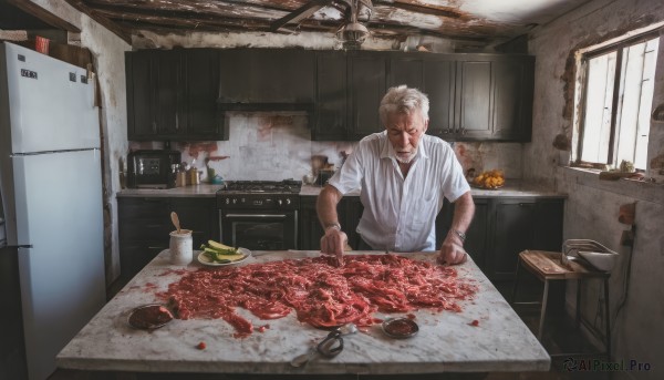 solo,short hair,shirt,1boy,white shirt,white hair,short sleeves,grey hair,male focus,food,indoors,window,blood,facial hair,scar,table,knife,plate,realistic,holding knife,old,old man,cooking,kitchen,vegetable,frying pan,sink,cabinet,stove,kitchen knife,cutting board,onion,closed eyes,collared shirt,cup,fruit,chair,bottle,steam,lemon,refrigerator,faucet,potato