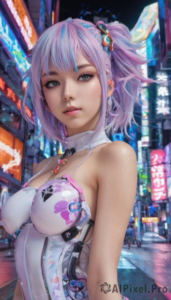 1girl,solo,breasts,looking at viewer,short hair,bangs,hair ornament,bare shoulders,twintails,jewelry,medium breasts,upper body,pink hair,purple hair,multicolored hair,earrings,outdoors,parted lips,leotard,lips,grey eyes,bodysuit,makeup,detached collar,piercing,building,skin tight,science fiction,city,realistic,nose,cable,earphones,cyberpunk,earpiece,green eyes,blue hair,artist name,signature,mole,side ponytail,covered nipples,eyelashes,mole under eye,covered navel,night,ear piercing,impossible clothes,pink lips,road,earbuds,wire,neon lights