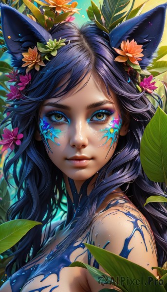 1girl,solo,long hair,breasts,looking at viewer,bangs,black hair,hair ornament,animal ears,bare shoulders,brown eyes,medium breasts,closed mouth,blue hair,yellow eyes,upper body,flower,nude,artist name,signature,hair flower,lips,fox ears,eyelashes,makeup,leaf,facial mark,plant,lipstick,portrait,close-up,eyeshadow,pink lips,nose,eyeliner,facepaint,bodypaint,orange flower,mascara,freckles